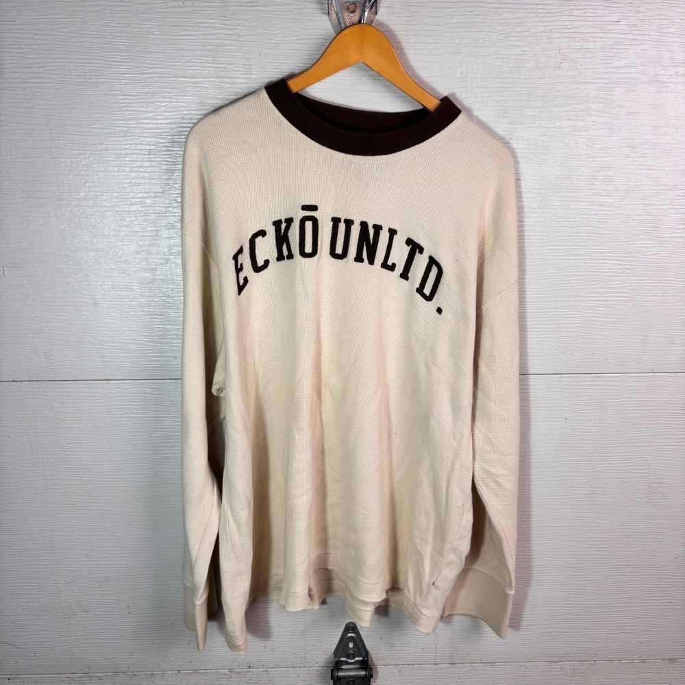 2000s Ecko Unltd Thermal Shirt Cream Brown Waffle Knit Y2K XXL